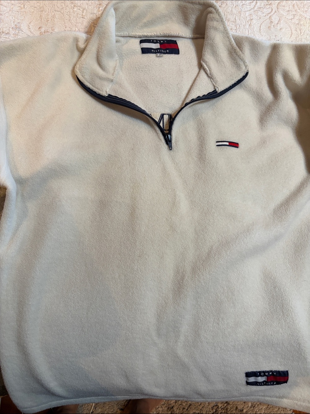 Tommy Hilfiger Men's Cream Zip-Up Fleece Pullover with Navy Trim